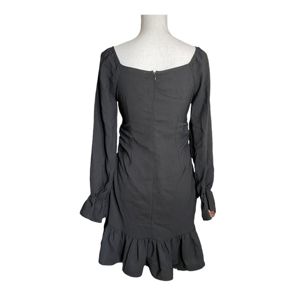 Ruffle Ballon Sleeve Dress NEW M Gathered Bust Milkmaid Gigot Slim Black LBD - Picture 2 of 9